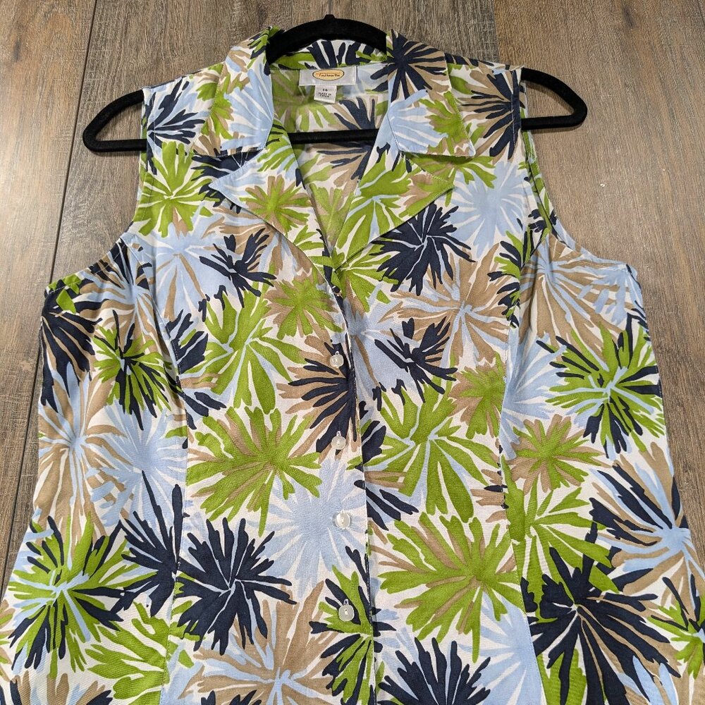 Talbots Top Womens 14 Multicolor Print Sleeveless Button Up VTG 90s Preppy